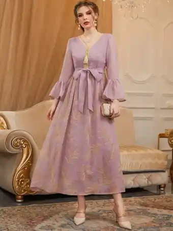 SheIn Leaf embroidery tassel detail flounce sleeve belted mesh dress offer