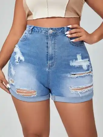 SheIn Shein plus high waist ripped roll up hem denim shorts offer