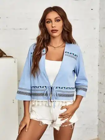SheIn Contrast geo tape tassel trim knot front blouse offer