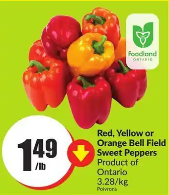 Chalo FreshCo Red, yellow or orange bell field sweet peppers product of ontario 3.28/kg offer