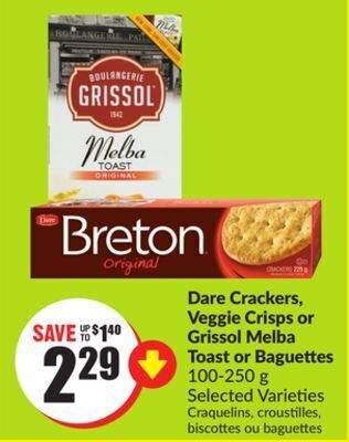 Chalo FreshCo Dare crackers, veggie crisps or grissol melba toast or baguettes 100-250 g selected varieties offer