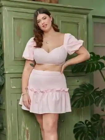 SheIn Shein plus sweetheart neck puff sleeve crop top & frill skirt set offer