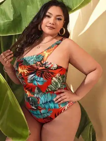 SheIn Plus tropical print one shoulder one piece swimsuit offer