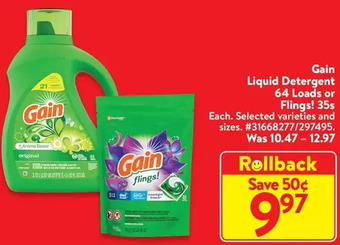 Walmart Gain liquid detergent 64 loads or flings! offer