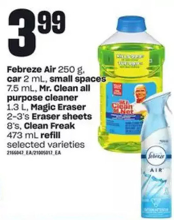 Loblaws Febreze air, car, small spaces, mr. clean all purpose cleaner, magic eraser eraser sheets, clean freak refill offer