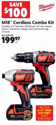 Home Hardware M18 cordless combo kit + free 3rd battery offer