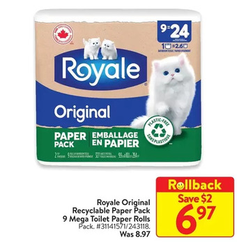 Walmart Royale original recyclable paper pack 9 mega toilet paper rolls offer