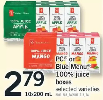 Fortinos Pc or blue menu 100% juice boxes offer