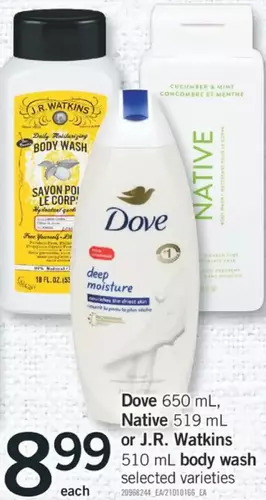 Fortinos Dove, native or j.r. watkins body wash offer