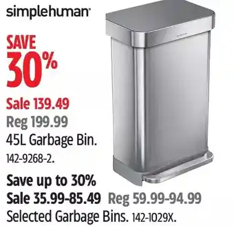 Canadian Tire Simplehuman 45l garbage bin | garbage bins offer