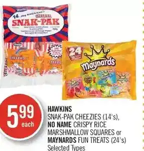 Shoppers Drug Mart Hawkins snak-pak cheezies, sans nom crispy rice marshmallow squares or maynards fun treats offer