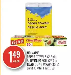 Shoppers Drug Mart No name paper towels, aluminum foil or glad cling wrap offer