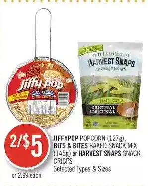 Shoppers Drug Mart Jiffypop popcorn, bits & bites baked snack mix or harvest snaps snack crisps offer