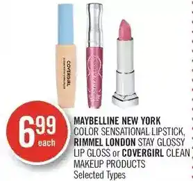 Shoppers Drug Mart Maybelline new york color sensational lipstick, rimmel london stay glossy lip gloss or covergirl clean makeup products offer