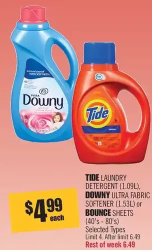 Shoppers Drug Mart Tide laundry detergent, downy ultra fabric softener or bounce sheets offer