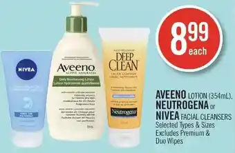 Shoppers Drug Mart Aveeno lotion, neutrogena or nivea facial cleansers offer