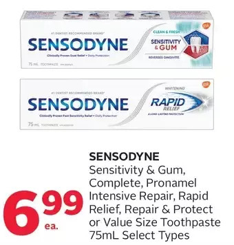 Rexall Sensodyne sensitivity & gum, complete, pronamel intensive repair, rapid relief, repair & protect or value size toothpaste offer