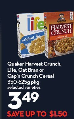 Longo's Quaker harvest crunch, life, oat bran or cap'n crunch cereal offer
