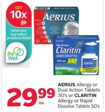 Rexall Aerius allergy or dual action tablets 30' s or claritin allergy or rapid dissolve tablets 50' s offer