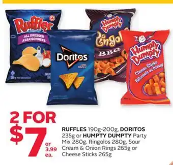 Rexall Ruffles 190g-200g, doritos 235g or humpty dumpty party mix 280g, ringolos 280g, sour cream & onion rings 265g or cheese stick offer