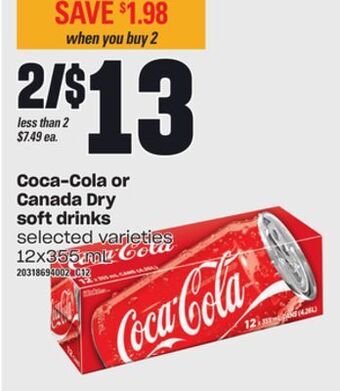 Independent City Market Coca-cola or canada dry soft drinks, 12x355 ml offer