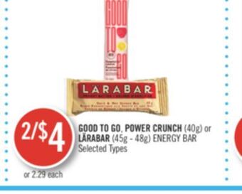 Shoppers Drug Mart Good to go, power crunch (40g) or larabar (45g -48g) energy bar offer
