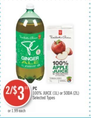 Shoppers Drug Mart Pc 100% juice (1l) or soda (2l) offer