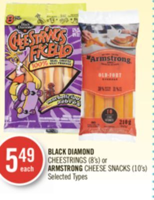 Shoppers Drug Mart Black diamond cheestrings (8's) or armstrong cheese snacks (10's) offer