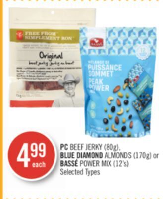 Shoppers Drug Mart Pc beef jerky (80g), blue diamond almonds (170g) or bassé power mix (12's) offer
