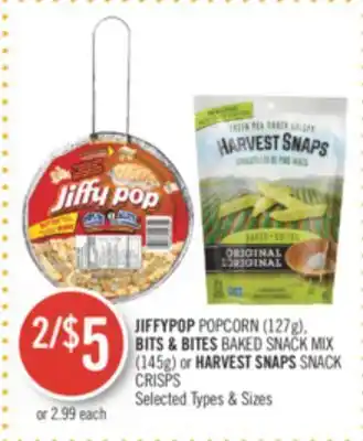 Shoppers Drug Mart Jiffypop popcorn (127g), bits & bites baked snack mix (145g) or harvest snaps snack crisps offer