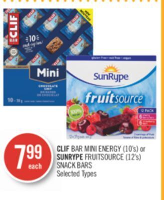 Shoppers Drug Mart Clif bar mini energy (10's) or sunrype fruitsource (12's) snack bars offer