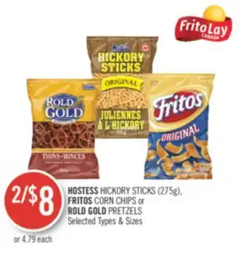 Shoppers Drug Mart Hostess hickory sticks (275g), fritos corn chips or rold gold pretzels offer