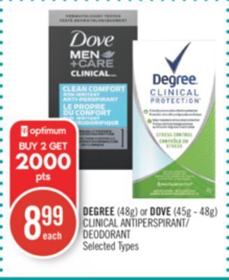 Shoppers Drug Mart Degree (48g) or dove (45g - 48g) clinical antiperspirant/ deodorant offer