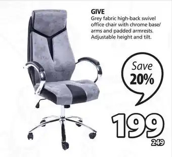 JYSK Give grey fabric high-back swivel office chair with chrome base offer