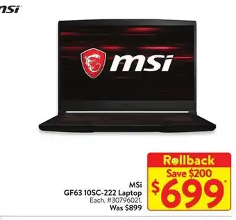 Walmart Msi gf63 10sc-222 laptop offer