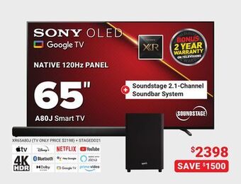 Visions Electronics Sony 65" bravia xr a80j 4k ultra hd hdr oled smart google tv offer