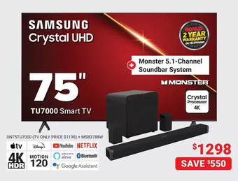 Visions Electronics Samsung 75" smart tv + monster 5.1-channel soundbar system offer