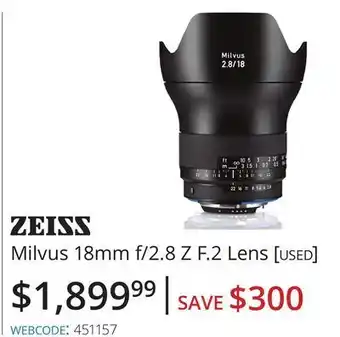 Vistek Zeiss milvus 18mm f/2.8 z f.2 lens [used] offer