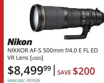 Vistek Nikon nikkor af-s 500mm f/4.0 e fl ed vr lens offer