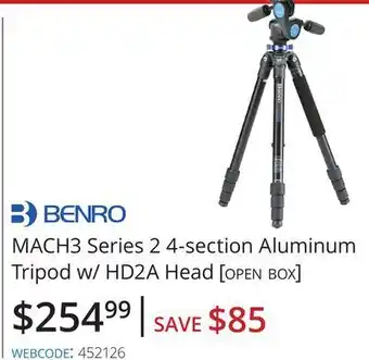 Vistek Benro mach3 series 2 4-section aluminum tripod w/hd2a head offer
