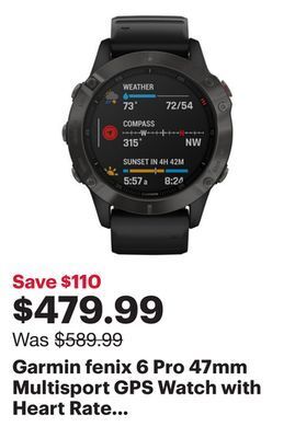 Best Buy Garmin fenix 6 pro 47mm multisport gps watch with heart rate monitor - black offer