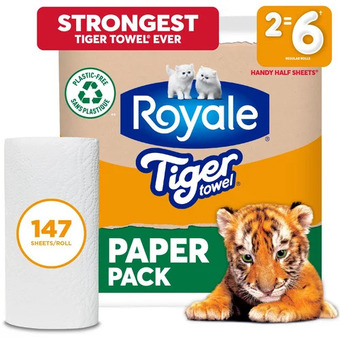 Walmart Royale tiger towel paper towels in a recyclable paper pack 2 mega+ rolls offer