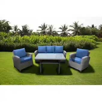 Best Buy Seychelle 4-piece wicker patio conversation set - natural/denim blue cushions offer