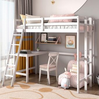 Best Buy Costway twin loft bed frame w/desk angled and built-in ladder solid wooden frame white\grey\expresso offer