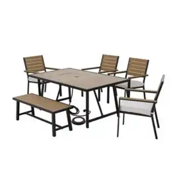 Lowe's Allen + roth leigh black steel frame outdoor dining set with off-white cushions included - 6-piece offer
