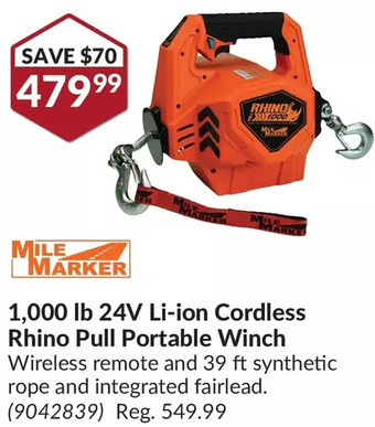 Princess Auto Mile marker 1,000 lb 24v li-ion cordless rhino pull portable winch offer