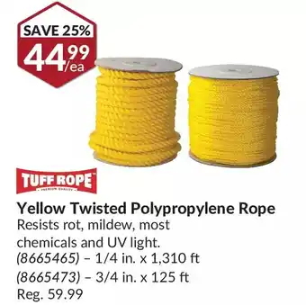 Princess Auto Tuff rope yellow twisted polypropylene rope 1/4 in. x 1,310 ft | 3/4 in. x 125 ft offer