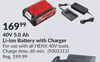 Princess Auto Henx 40v 5.0 ah li-ion battery with charger offer
