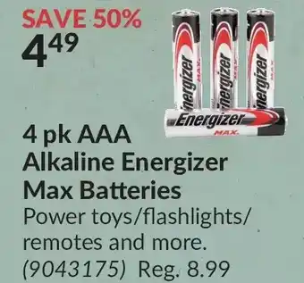 Princess Auto 4 pk aaa alkaline energizer max batteries offer