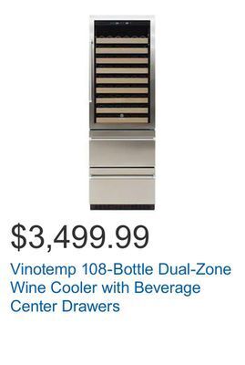 Costco Vinotemp 108-bottle dual-zone wine cooler with beverage center drawers offer